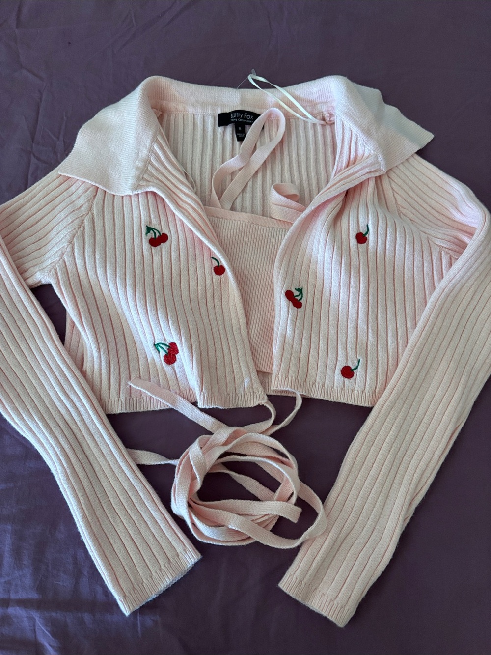 WittyFox Pink Cherry Embroidered Ribbed Crop Top with Tie NWOT